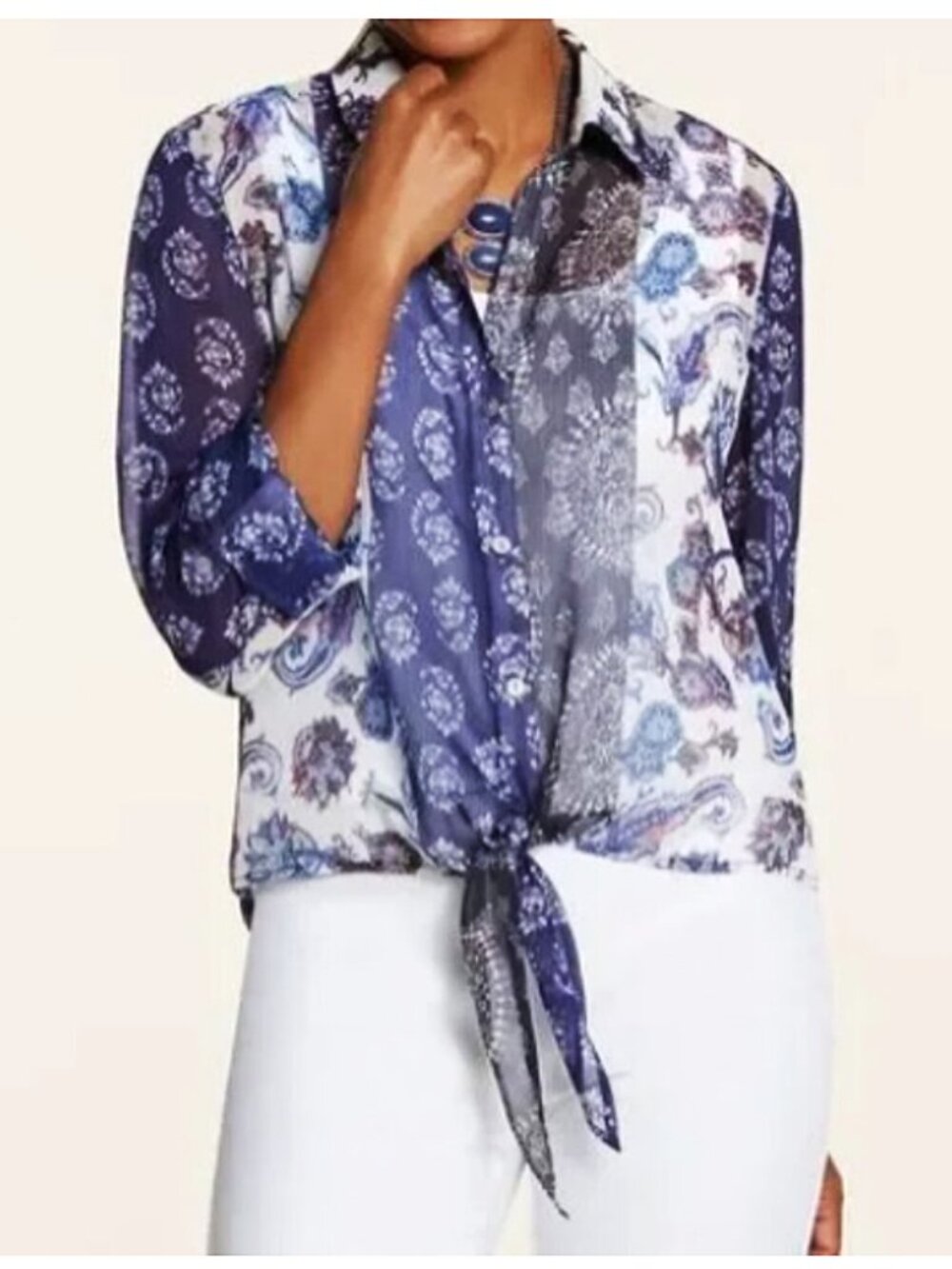 Chico's Semi Sheer Tie Front Paisley Blouse. size 2